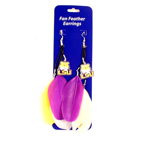 LSU Earrings - Dangle Feather Style - 12 Pair For $24.00 - LSU