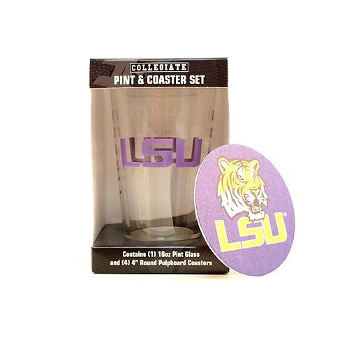 LSU Tigers Glasses - 16OZ Glass Pint With 4PC Coaster Set - (Design May Be Different Than Pictured) - $5.00 Per Set - LSU