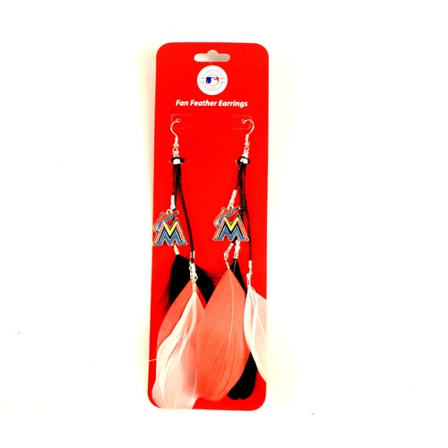 Miami Marlins Earrings - Feather Dangle Style - $2.75 Per Pair - Wholesale Miami Marlins Products - Marlins Merchandise
