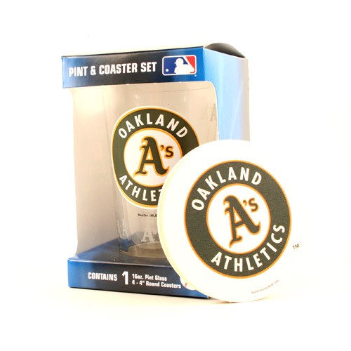 Oakland Athletics Glassware - 16OZ Glass Pint With 4Pack Coaster Set - (Pattern May Be Different Than Pictured) - $5.00 Per Set - Wholesale Oakland Athletics Products - Athletics Merchandise