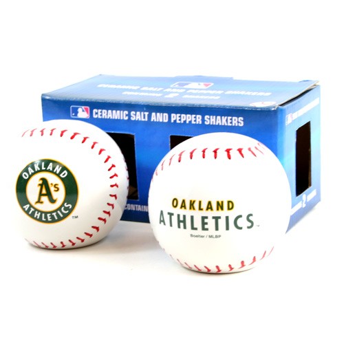 Oakland Athletics Salt And Pepper Shakers - 4" Ceramic Baseball Style Sets - 2 Sets For $10.00 - Wholesale Oakland Athletics Products - Athletics Merchandise