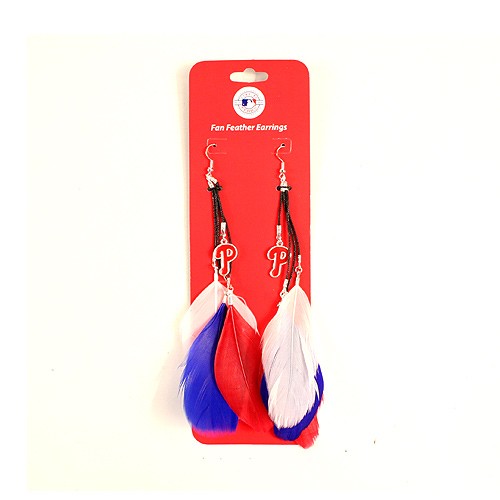 Philadelphia Phillies Earrings - Feather Dangle Style - $2.75 Per Pair - Wholesale Philadelphia Phillies Products - Phillies Merchandise