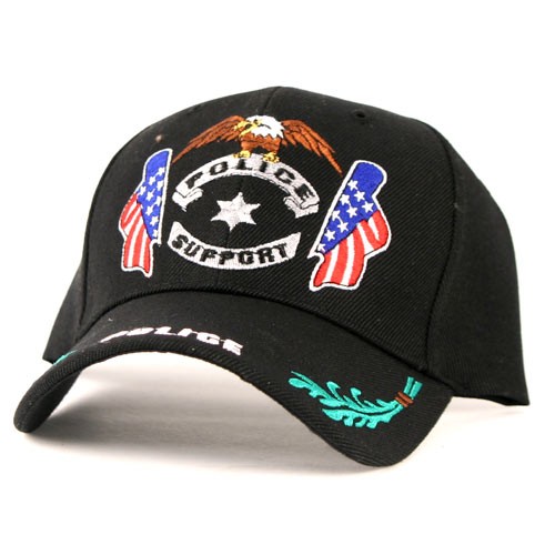 Police Equipment - Black - Double Flag Police Support Caps - 12 Caps For $24.00