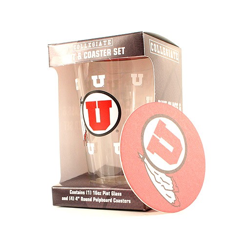 Utah Utes Glassware - 16OZ Glass Pint With Coaster Set - (Pattern May Be Different Then Pictured) - $5.00 - Utah Utes