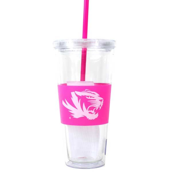 Missouri Tigers Tumblers - 22OZ Clear With Pink Wrap Straw Team Logo - 12 For $54.00 - Missouri Tigers