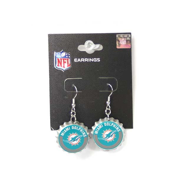Miami Dolphins Earrings - Bottle Cap Dangle - 6 Pair For $18.00 - Wholesale Miami Dolphins Products - Dolphins Merchandise