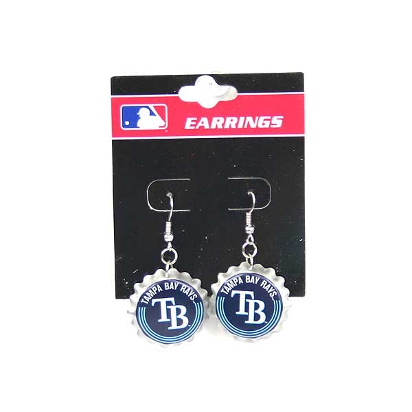 Tampa Bay Rays Earrings - Bottle Cap Dangle Style - 6 Pair For $18.00 - Wholesale Tampa Bay Rays Products - Rays Merchandise