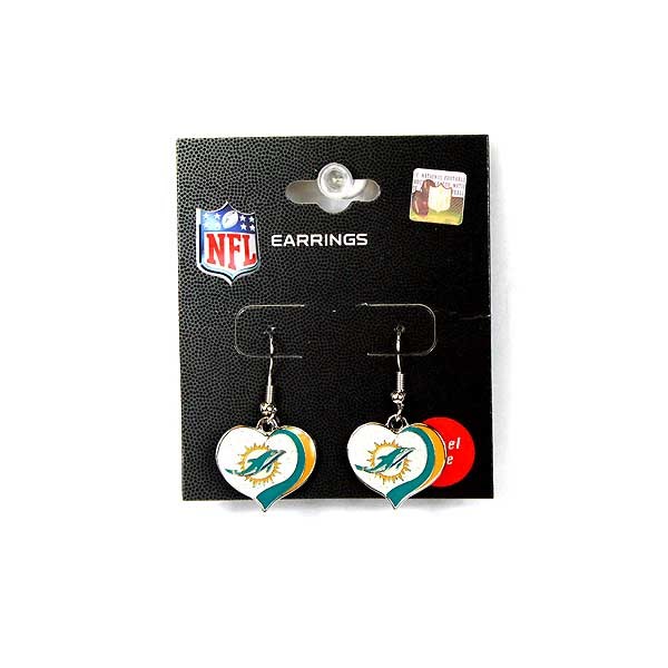 Miami Dolphins Earrings - Heart Style Dangle Earrings - 6 Pair For $15.00 - Wholesale Miami Dolphins Products - Dolphins Merchandise