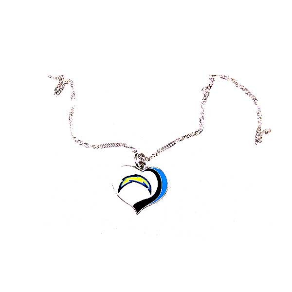Chargers Jewelry - LA Chargers Heart Pendant - 18" Metal Necklace - 6 For $21.00 - Wholesale Los Angeles Chargers Products - Chargers Merchandise