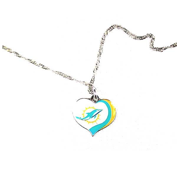 Miami Dolphins Necklaces - 18" Metal Necklace - Heart Pendant - 6 For $21.00 - Wholesale Miami Dolphins Products - Dolphins Merchandise