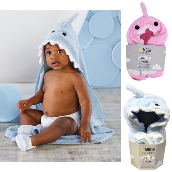 Moon & Stars Collection - The Shark 3PC Bath Sets - Colors Vary - Hooded Towel and 2Bath Slippers - 6 Sets For $36.00