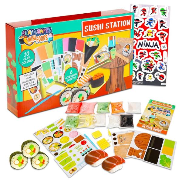 The Sushi Station - #40363 - Mini Food Clay Craft Kit - 10Colors, 6PC Tools, Guide and 6 Accessory Sheets Included - 6 Kits For $30.00