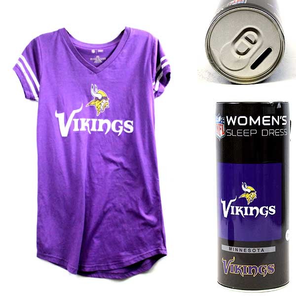 Minnesota Vikings Sets - Sleep Shirts In Can - Metal Can Converts to A Bank - 4 For $20.00 - Wholesale Minnesota Vikings Products - Vikings Merchandise