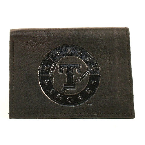 Blowout Overstock Sale - Texas Rangers Wallets - BLACK Tri-Fold - Genuine Leather Wallets - 12 For $48.00 - Wholesale Texas Rangers Products - Rangers Merchandise