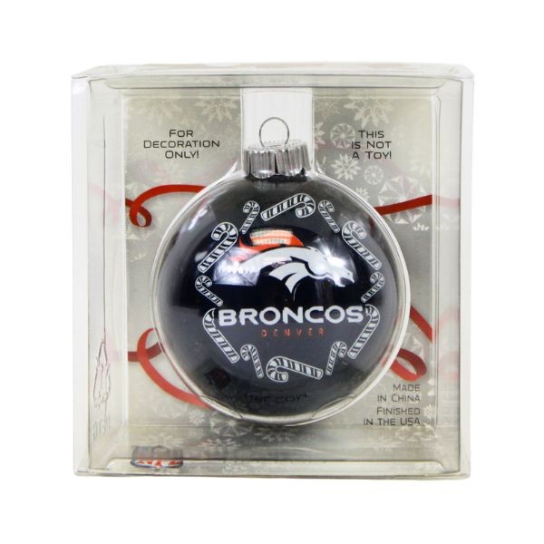 Denver Broncos Ornaments - Candy Cane Glass Ball Style - 6 For $21.00 - Wholesale Denver Broncos Products - Denver Merchandise