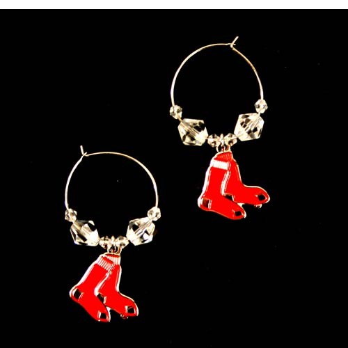 Boston Red Sox Earrings - Clear Bead HOOP Style Dangle Earrings - 12 Pair For $54.00 - Wholesale Boston Red Sox Products - Red Sox Merchandise
