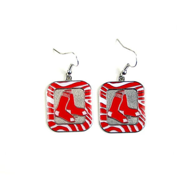 Boston Red Sox Earrings - Zebra Style Dangle Earrings - 12 Pair For $30.00 - Wholesale Boston Red Sox Products - Red Sox Merchandise