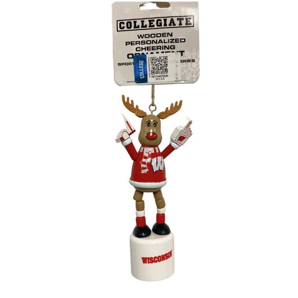Wisconsin Badgers Ornaments - PUSH POP Style - Wood Reindeer - 6 For $24.00 - Wisconsin Badgers