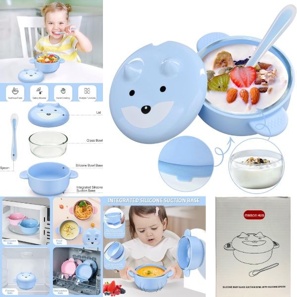 Maison Huis - Silicone Baby Glass Suction Bowl Kit - Silicon Spoon Included - Food Grade - 4 For $20.00