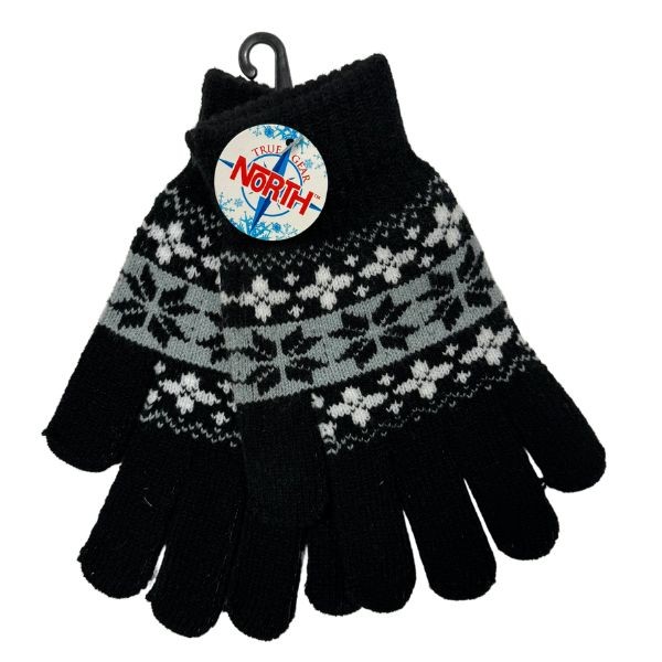 Gear North - Black.Gray.White - Heavy Knit Snowflake Stretch Gloves - 12 Pair For $30.00