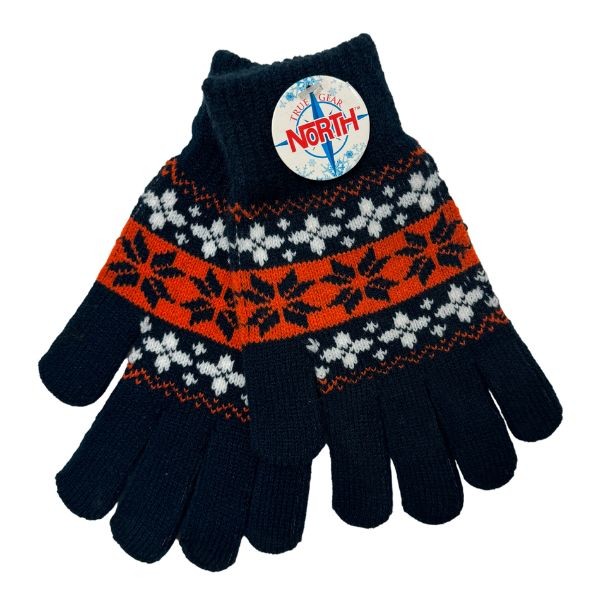 Gear North - Navy.Orange.White - Heavy Knit Snowflake Stretch Gloves - 12 Pair For $30.00