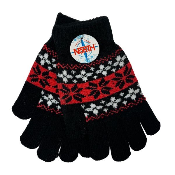 Gear North - Black.Red.White - Heavy Knit Snowflake Stretch Gloves - 12 Pair For $30.00