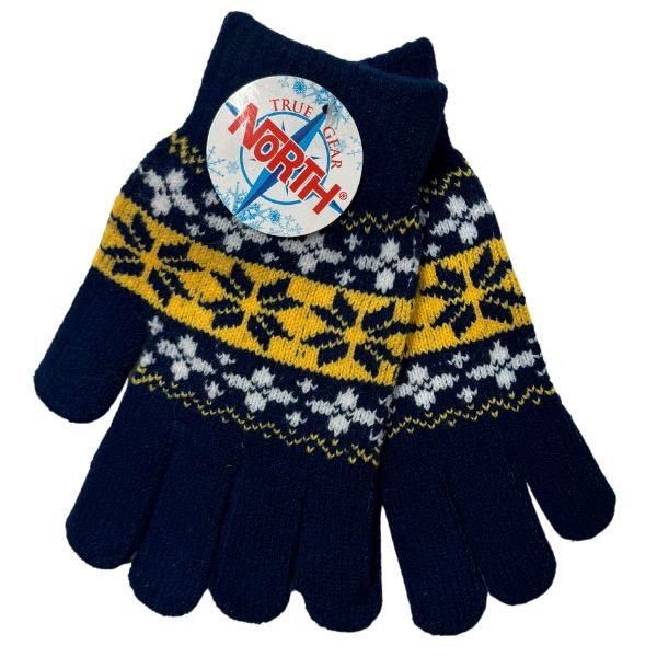 Gear North - Dark Blue.White.Yellow - Heavy Knit Snowflake Stretch Gloves - 12 Pair For $30.00