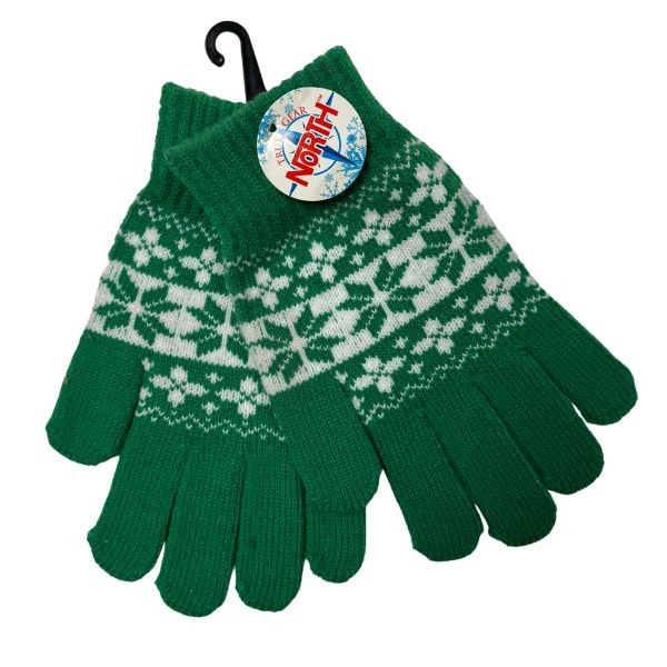 Gear North - Green.White - Heavy Knit Snowflake Stretch Gloves - 12 Pair For $30.00