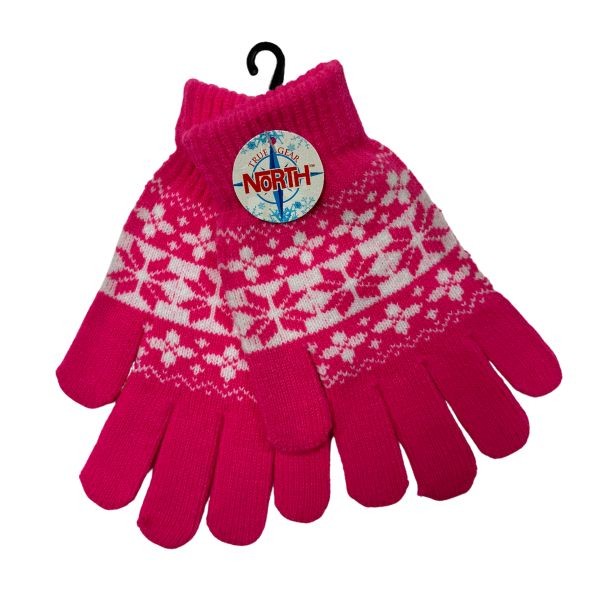 Gear North - Pink.White - Heavy Knit Snowflake Stretch Gloves - 12 Pair For $30.00