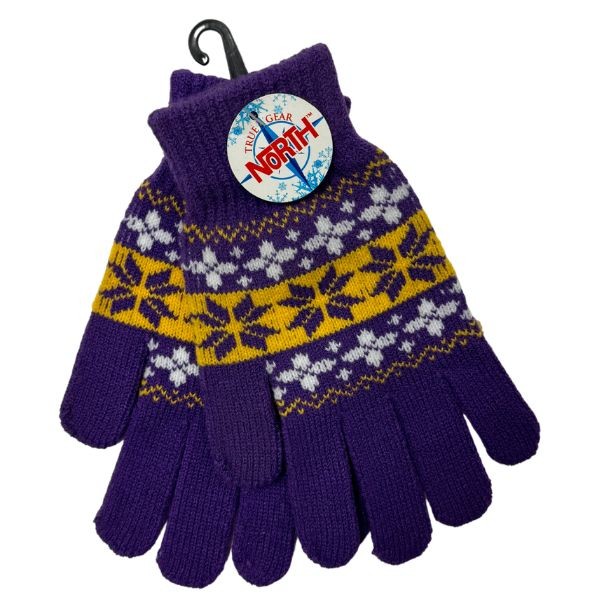 Gear North - Purple.Yellow.White - Heavy Knit Snowflake Stretch Gloves - 12 Pair For $30.00