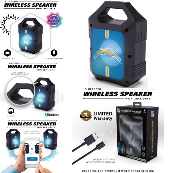 Los Angeles Chargers Speakers - Bluetooth XL 9" Speaker - LED Lighting and FM Radio - 2 For $15.00 - Wholesale Los Angeles Chargers Products - Chargers Merchandise