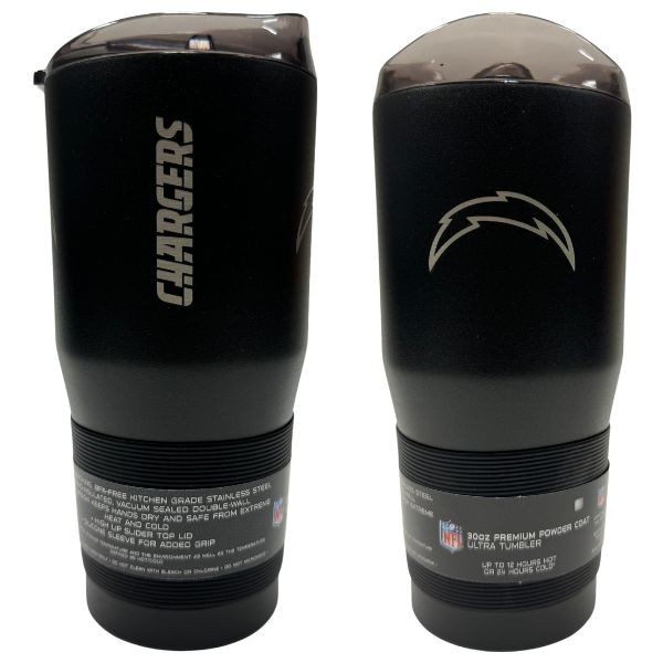 Los Angeles Chargers Tumblers - 30OZ Ultra PPC - Black Powder Coast - Vac Sealed Double Walled - 2 For $25.00 - Wholesale Los Angeles Chargers Products - Chargers Merchandise