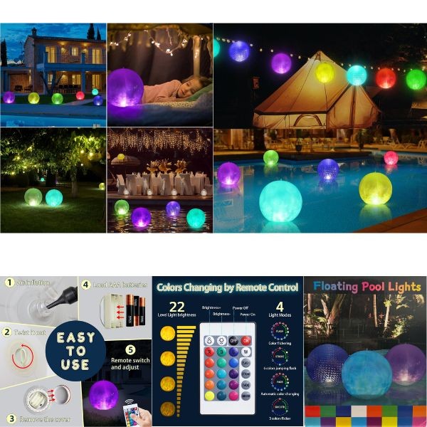 18" Oversized Floating Pool Lights - 16 Colors - PVC Textures Vary - Remote Control - 6 For $36.00