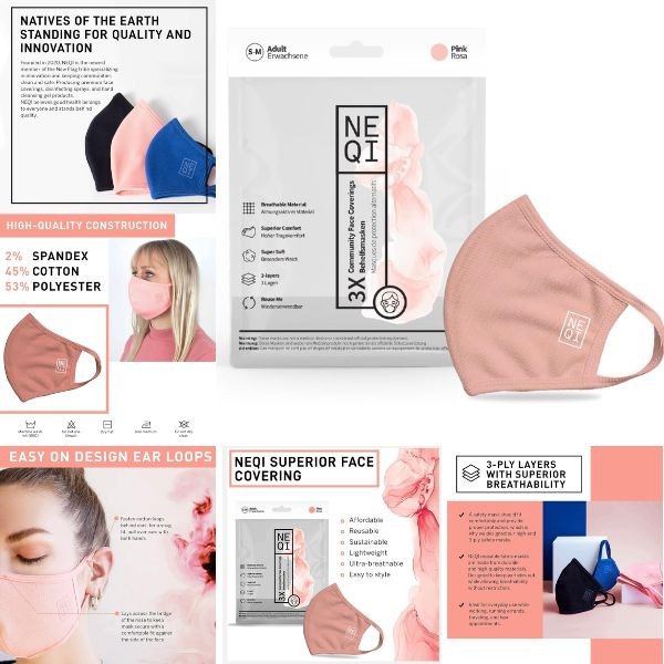 Neqi Face Coverings - 3Layer, Breathable, Super Soft - 3Pack - Pink Rosa - 50 Packs For $25.00