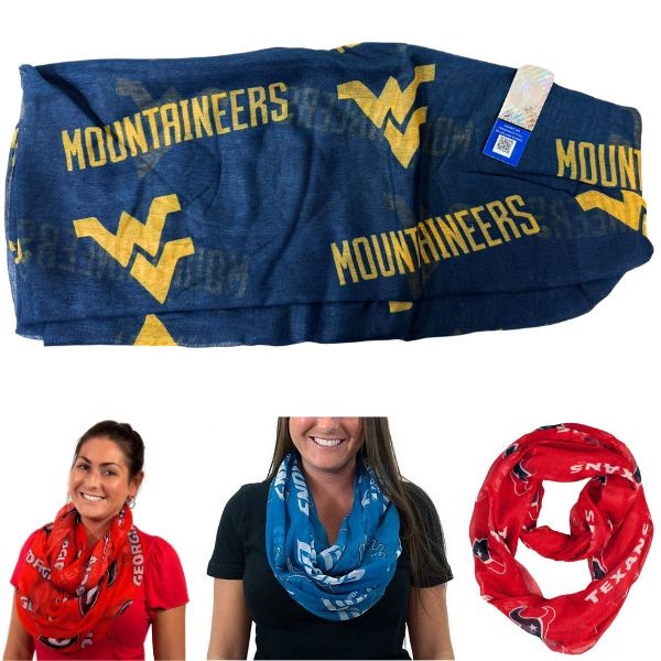 West Virginia Mountaineers Gear - Shear Infinity Team Scarves - Show Your Team Spirit - 6 For $36.00 - West Virginia