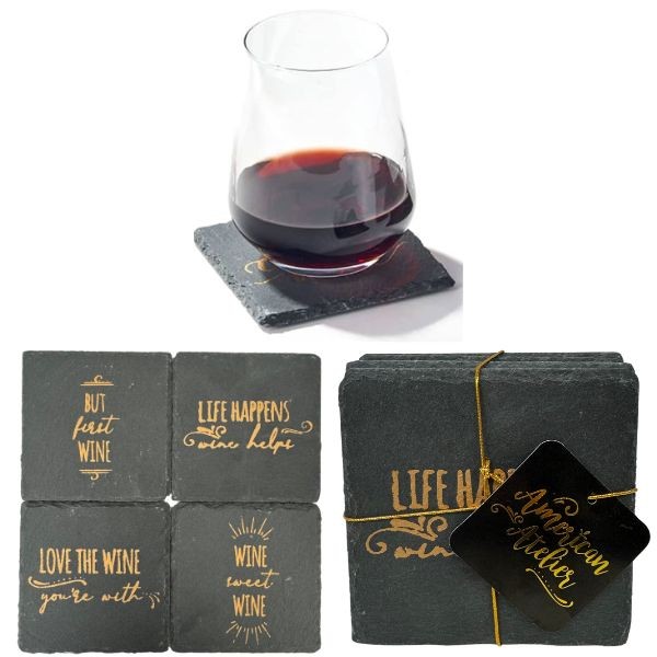 Life Happens Wine Helps Vintage Print Series - #1333050GD - 4Pack Slate Premium Coasters - Assorted Sayings - 12 Packs For $30.00