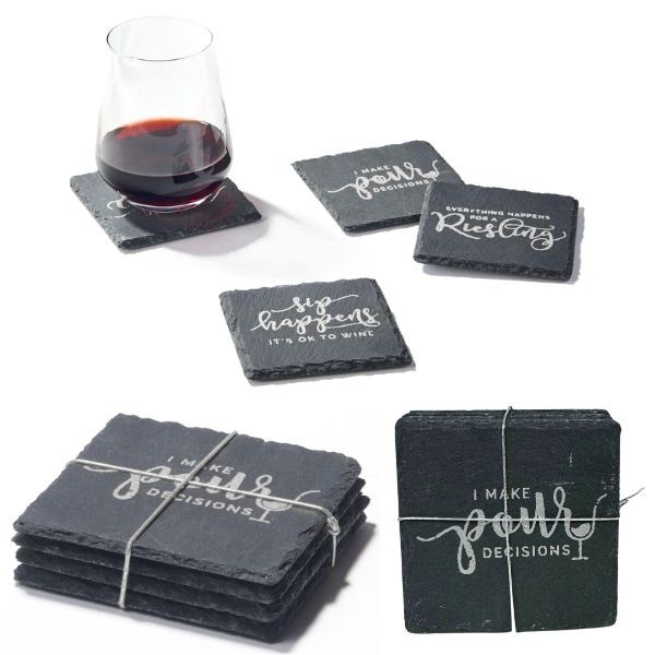 Pour Decisions - Cloud Wine Vintage Print Series - #1333051 Silver - 4Pack Slate Premium Coasters - Asst. Sayings - 12 Packs For $30.00