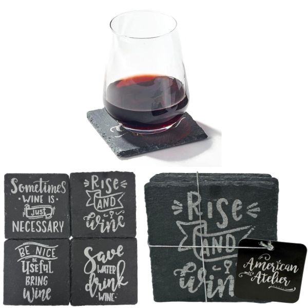 Rise & Wine - Necessary Vintage Print Series - #133049 Silver - 4Pack Slate Premium Coasters - Asst. Sayings - 12 Packs For $30.00