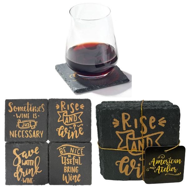 Rise & Wine - Necessary Vintage Print Series - #1333049GD - 4Pack Slate Premium Coasters - Assorted Sayings - 12 Packs For $30.00