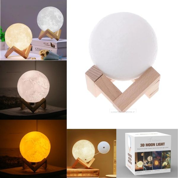 The Real Moon Light - USB Charging - Wood Base - 6" LED Light Up 3D Moon Lighting - 6 For $36.00