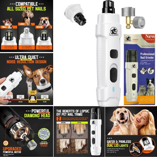 Professional Pet Nail Grinder - Lopsic High Quality - Colors May Vary - LED Bright Light and USB Charging For Cord Free Use - 6 For $36.00