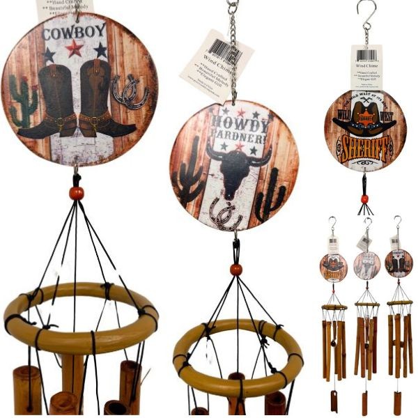 Wholesale Windchimes - 31" Poly Resin With Bamboo Chimes - Round Cowboy Collection - Styles Vary - Indoor/Outdoor - 3 For $25.00