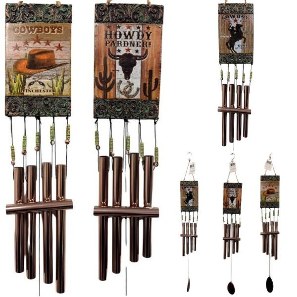 Wholesale Windchimes - 32" Poly Resin With Metal Chimes - Square Cowboy Collection - Styles Vary - Indoor/Outdoor - 3 For $25.00