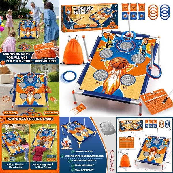 Sport Toy - The Tossing Game Set- Orange Box - 2n1 Classic Ring and Cornhole Set - Includes Game Board, 6Rings, 6Bags and Scoreboard - 3 Sets For $30.00