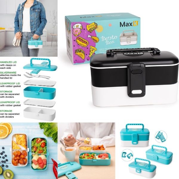 MaxK Bento Box - BLACK - 2Level, Leakproof, Microwave Safe - Cutlery Set Included - 6 Sets For $36.00
