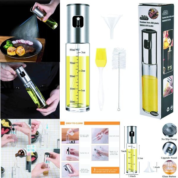 Premium Oil Sprayer - Stainless Steel - 3.4OZ (100ML) - 304 Steel With Borosilicate Food Safe Glass - 12 For $36.00