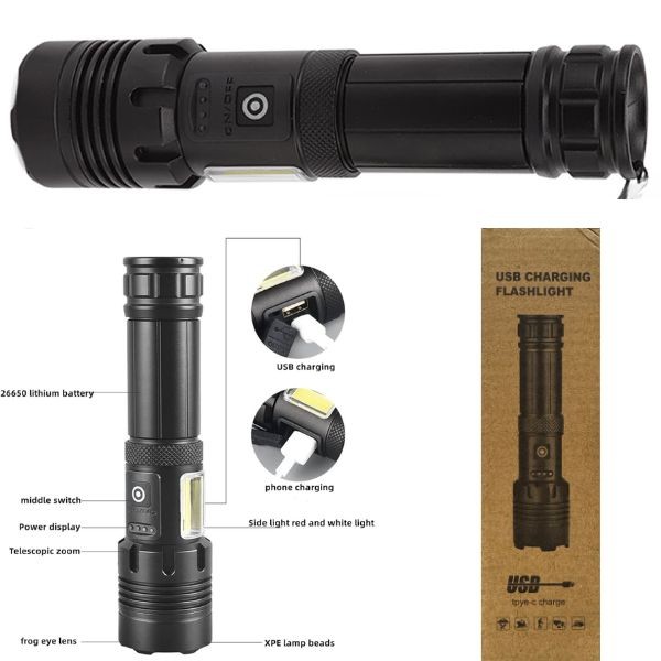 LED Tactical 6" Flashlight - #BL-S73 - USB Re-Chargeable - Power Zoom & Charging Port - Brown Box Packaging - 8 For $32.00