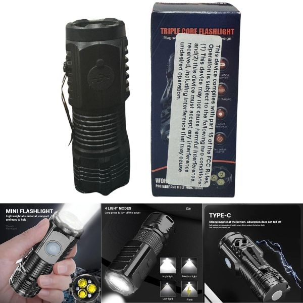 Triple Core LED 3" Tactical Flashlight - With Magnet For Hands Free Use - USB Charging - 6 For $21.00