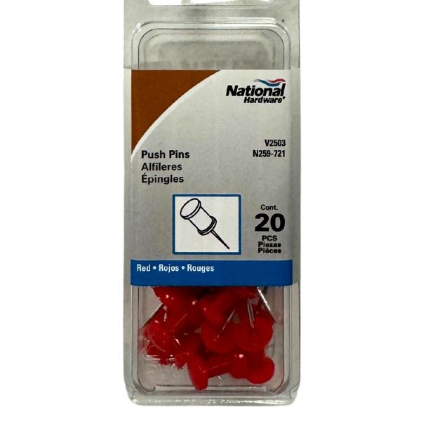 National Hardware - #25972 - 20Pack Of Red Push Pins - 40 Packs For $27.20