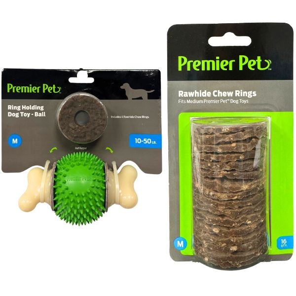 Premier Pet - The Dog Ball and Rawhide Chew Rings - You Will Receive 15 Ring Balls and 15 Packs Of Chew Rings - 30 Total Units For $75.00